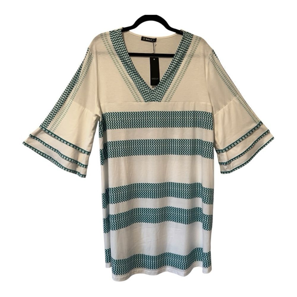 Sheilay Womens White Green V Neck Bell Sleeve Shift‎ Dress Size XXL